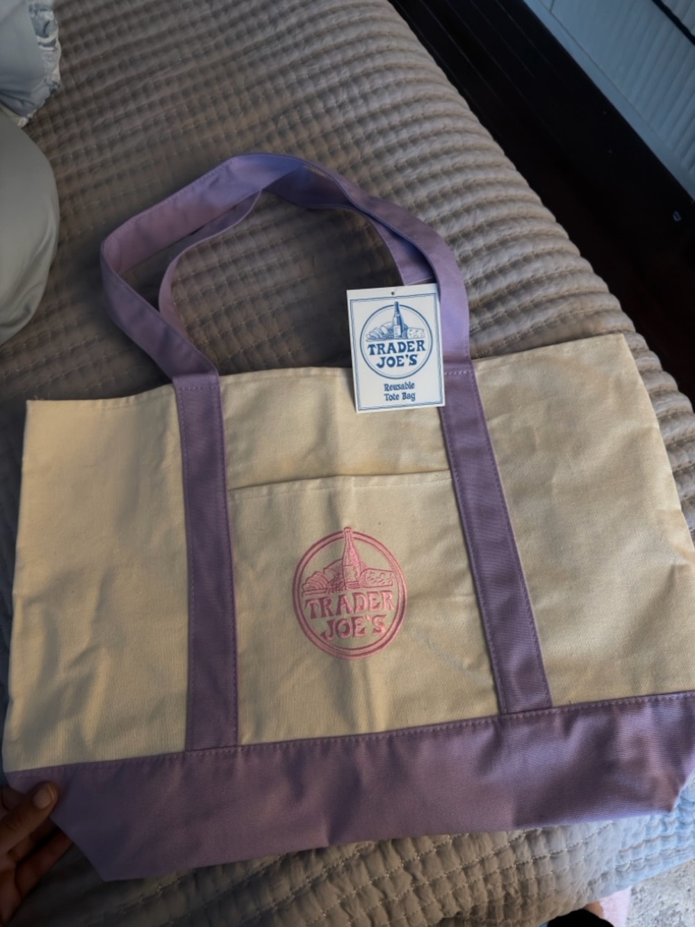 Trader Joe's Canvas Reusable Tote Bag with Lavender Trim